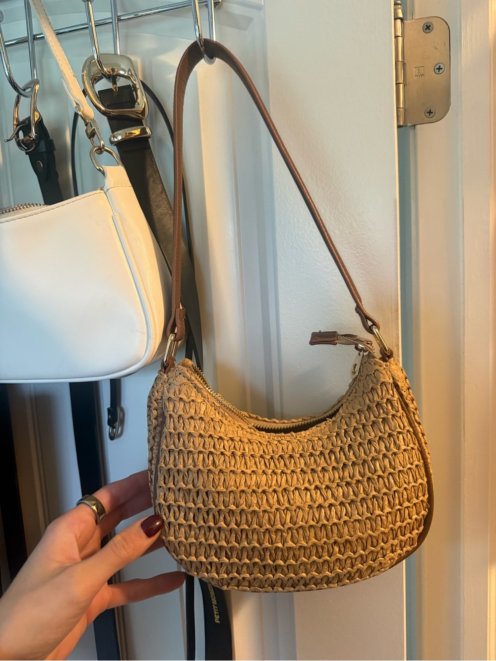 Woven Straw Shoulder Bag in Tan